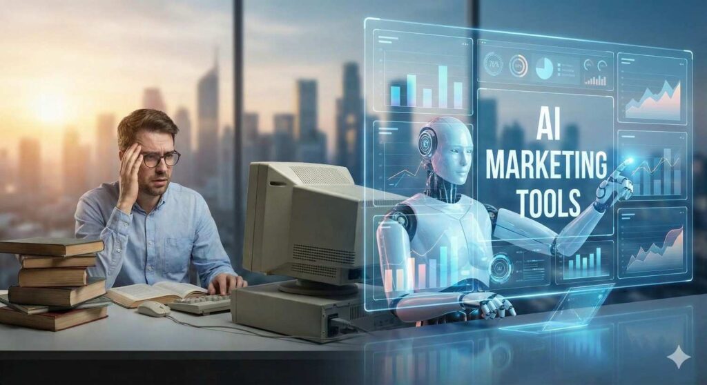 Senior marketer using AI tools for digital marketing to survive the 2026 obsolescence
